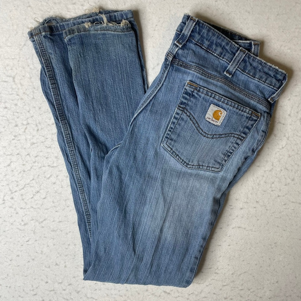 Carhartt Denim Jeans Mens 14 Blue Straight Leg Workwearโ Frayed Hem Paint
